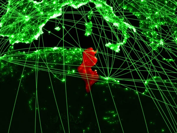 Tunisia on green map with networks. Concept of international travel, communication and technology. 3D illustration. Elements of this image furnished by NASA.