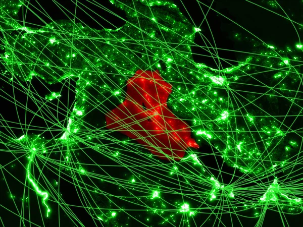 Iraq on green map with networks. Concept of international travel, communication and technology. 3D illustration. Elements of this image furnished by NASA.