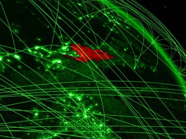 Kırgızistan'dan uzaydan yeşil gezegen dünya modeli ile ağ. Yeşil teknoloji kavramı, bağlantı ve seyahat. 3d illüstrasyon. Nasa tarafından döşenmiş bu görüntünün elemanları.