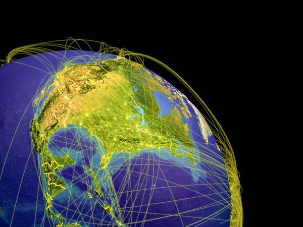 North America from space with country borders and trajectories representing global communication, travel, connections. 3D illustration. Elements of this image furnished by NASA.