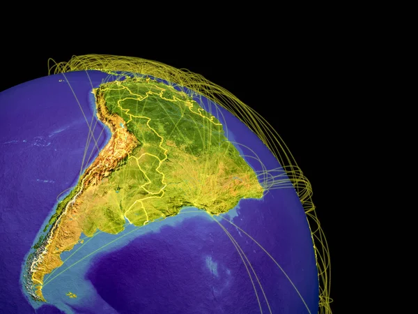 Südamerika Aus Dem All Mit Ländergrenzen Und Flugbahnen Die Globale — Stockfoto
