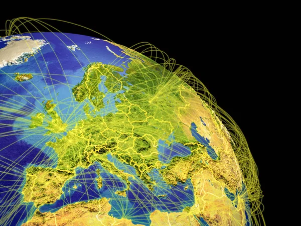 Europe from space with country borders and trajectories representing global communication, travel, connections. 3D illustration. Elements of this image furnished by NASA.