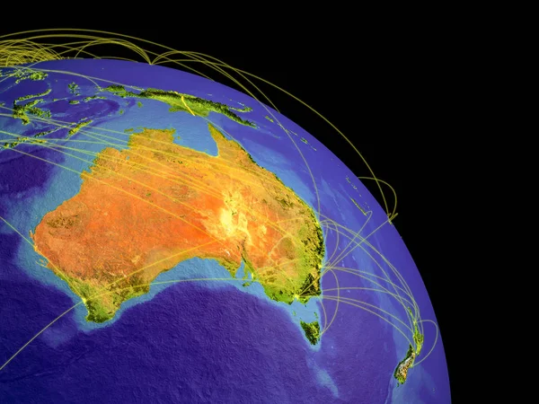 Australia Desde Espacio Con Fronteras Nacionales Trayectorias Que Representan Comunicación — Foto de Stock