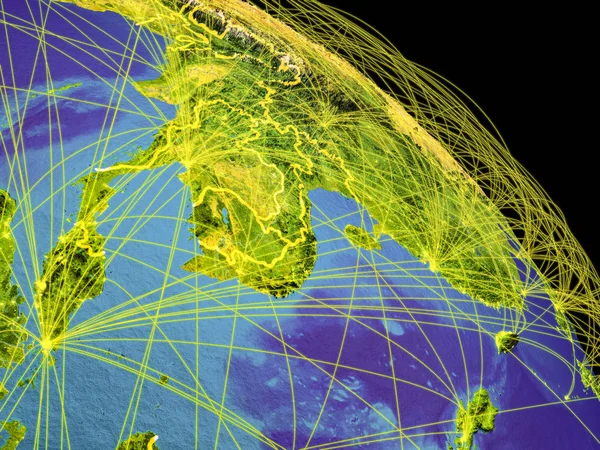 Küresel Iletişimi Seyahati Bağlantıları Temsil Eden Ülke Sınırları Yörüngeleri Ile — Stok fotoğraf