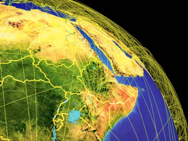 Northeast Africa from space with country borders and trajectories representing global communication, travel, connections. 3D illustration. Elements of this image furnished by NASA.