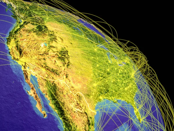 United States from space with country borders and trajectories representing global communication, travel, connections. 3D illustration. Elements of this image furnished by NASA.