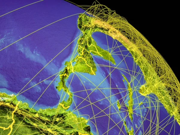 Central America from space with country borders and trajectories representing global communication, travel, connections. 3D illustration. Elements of this image furnished by NASA.