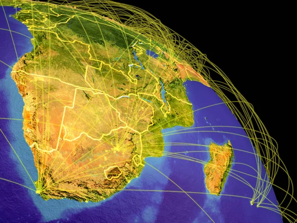 Southern Africa from space with country borders and trajectories representing global communication, travel, connections. 3D illustration. Elements of this image furnished by NASA.