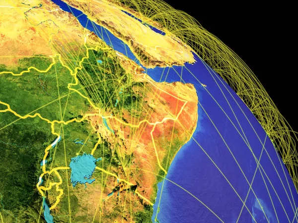 Róg Afryki Kosmosu Granicami Kraju Trajektorami Reprezentującymi Globalną Komunikację Podróże — Zdjęcie stockowe
