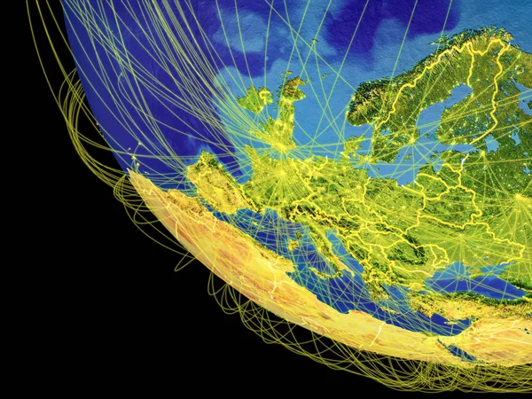 Western Europe from space with visible country borders and global connections representing communication or air travel. 3D illustration. Elements of this image furnished by NASA.