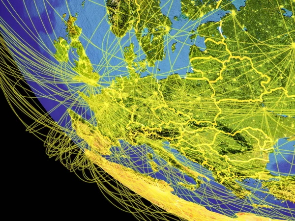 中欧从空间与可见的国家边界和全球连接代表通信或航空旅行 这张图片的元素由美国宇航局提供 — 图库照片