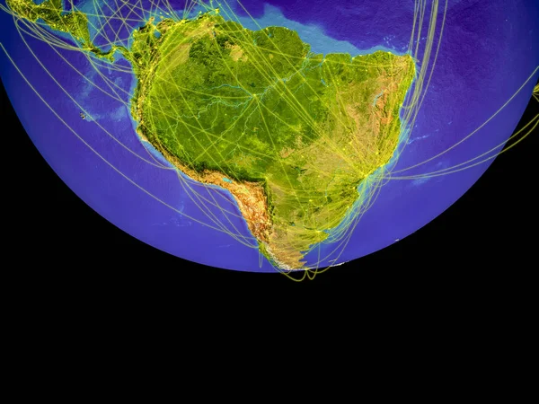 Zuid Amerika Uit Ruimte Aarde Met Lijnen Concept Van Communicatie — Stockfoto
