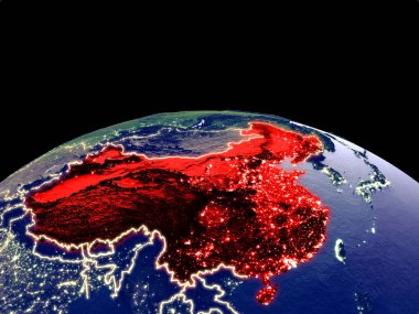 Çin uzaydan dünya gezegeninde gece parlak şehir ışıkları ile. Gerçek dağlar ile ayrıntılı plastik gezegen yüzeyi. 3d illüstrasyon. Nasa tarafından döşenmiş bu görüntünün elemanları.