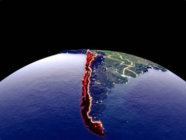 Şili uzayda dünya gezegeninde gece parlak şehir ışıkları ile. Gerçek dağlar ile ayrıntılı plastik gezegen yüzeyi. 3d illüstrasyon. Nasa tarafından döşenmiş bu görüntünün elemanları.