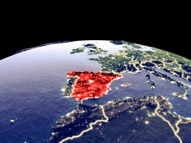 İspanya uzaydan dünya gezegeninde gece parlak şehir ışıkları ile. Gerçek dağlar ile ayrıntılı plastik gezegen yüzeyi. 3d illüstrasyon. Nasa tarafından döşenmiş bu görüntünün elemanları.