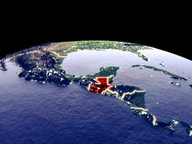 Guatemala uzaydan dünya gezegeninde gece parlak şehir ışıkları ile. Gerçek dağlar ile ayrıntılı plastik gezegen yüzeyi. 3d illüstrasyon. Nasa tarafından döşenmiş bu görüntünün elemanları.