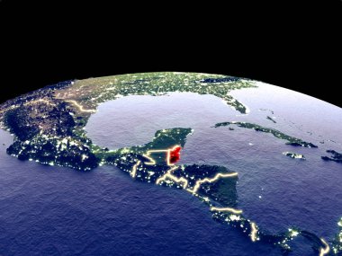 Parlak şehir ışıkları ile gece dünya gezegeninde uzaydan Belize. Gerçek dağlar ile ayrıntılı plastik gezegen yüzeyi. 3d illüstrasyon. Nasa tarafından döşenmiş bu görüntünün elemanları.