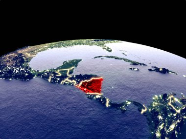 Nikaragua uzaydan dünya gezegeninde gece parlak şehir ışıkları ile. Gerçek dağlar ile ayrıntılı plastik gezegen yüzeyi. 3d illüstrasyon. Nasa tarafından döşenmiş bu görüntünün elemanları.