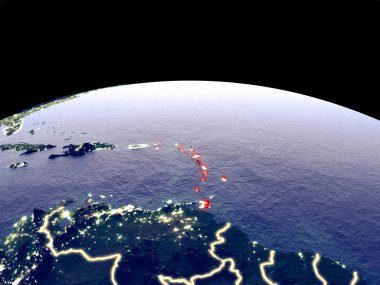 Parlak şehir ışıkları ile gece dünya gezegeninde uzaydan Karayipler. Gerçek dağlar ile ayrıntılı plastik gezegen yüzeyi. 3d illüstrasyon. Nasa tarafından döşenmiş bu görüntünün elemanları.
