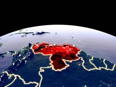 Venezüella uzayda dünya gezegeninde gece parlak şehir ışıkları ile. Gerçek dağlar ile ayrıntılı plastik gezegen yüzeyi. 3d illüstrasyon. Nasa tarafından döşenmiş bu görüntünün elemanları.