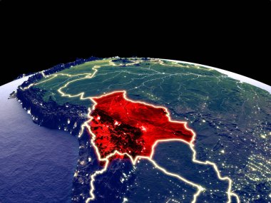 Bolivya uzaydan dünya gezegeninde gece parlak şehir ışıkları ile. Gerçek dağlar ile ayrıntılı plastik gezegen yüzeyi. 3d illüstrasyon. Nasa tarafından döşenmiş bu görüntünün elemanları.