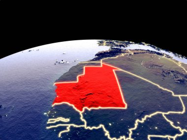 Dünya gezegeninde uzaydan Moritanya parlak şehir ışıkları ile gece. Gerçek dağlar ile ayrıntılı plastik gezegen yüzeyi. 3d illüstrasyon. Nasa tarafından döşenmiş bu görüntünün elemanları.