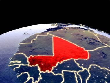 Mali uzaydan dünya gezegeninde gece parlak şehir ışıkları ile. Gerçek dağlar ile ayrıntılı plastik gezegen yüzeyi. 3d illüstrasyon. Nasa tarafından döşenmiş bu görüntünün elemanları.