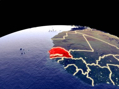 Senegal uzaydan dünya gezegeninde gece parlak şehir ışıkları ile. Gerçek dağlar ile ayrıntılı plastik gezegen yüzeyi. 3d illüstrasyon. Nasa tarafından döşenmiş bu görüntünün elemanları.