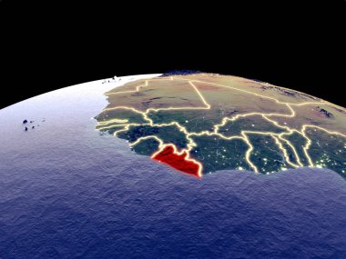 Liberya uzaydan dünya gezegeninde gece parlak şehir ışıkları ile. Gerçek dağlar ile ayrıntılı plastik gezegen yüzeyi. 3d illüstrasyon. Nasa tarafından döşenmiş bu görüntünün elemanları.