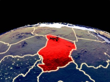 Çad uzaydan dünya gezegeninde gece parlak şehir ışıkları ile. Gerçek dağlar ile ayrıntılı plastik gezegen yüzeyi. 3d illüstrasyon. Nasa tarafından döşenmiş bu görüntünün elemanları.