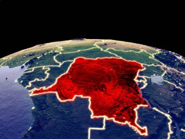 Dem Rep Kongo uzaydan dünya gezegeninde gece parlak şehir ışıkları ile. Gerçek dağlar ile ayrıntılı plastik gezegen yüzeyi. 3d illüstrasyon. Nasa tarafından döşenmiş bu görüntünün elemanları.