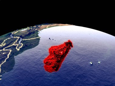 Madagaskar uzaydan dünya gezegeninde gece parlak şehir ışıkları ile. Gerçek dağlar ile ayrıntılı plastik gezegen yüzeyi. 3d illüstrasyon. Nasa tarafından döşenmiş bu görüntünün elemanları.