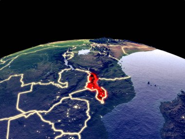 Dünya gezegeninde uzaydan malavi parlak şehir ışıkları ile gece. Gerçek dağlar ile ayrıntılı plastik gezegen yüzeyi. 3d illüstrasyon. Nasa tarafından döşenmiş bu görüntünün elemanları.