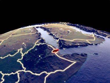 Cibuti uzaydan dünya gezegeninde gece parlak şehir ışıkları ile. Gerçek dağlar ile ayrıntılı plastik gezegen yüzeyi. 3d illüstrasyon. Nasa tarafından döşenmiş bu görüntünün elemanları.
