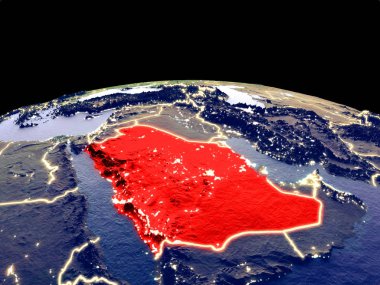 Suudi Arabistan uzaydan dünya gezegeninde gece parlak şehir ışıkları ile. Gerçek dağlar ile ayrıntılı plastik gezegen yüzeyi. 3d illüstrasyon. Nasa tarafından döşenmiş bu görüntünün elemanları.