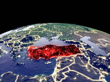 Türkiye uzayda dünya gezegeninden gece parlak şehir ışıkları ile. Gerçek dağlar ile ayrıntılı plastik gezegen yüzeyi. 3d illüstrasyon. Nasa tarafından döşenmiş bu görüntünün elemanları.