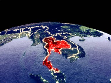 Parlak şehir ışıkları ile gece dünya gezegeninde uzaydan Tayland. Gerçek dağlar ile ayrıntılı plastik gezegen yüzeyi. 3d illüstrasyon. Nasa tarafından döşenmiş bu görüntünün elemanları.