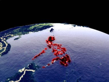 Filipinler uzaydan dünya gezegeninde gece parlak şehir ışıkları ile. Gerçek dağlar ile ayrıntılı plastik gezegen yüzeyi. 3d illüstrasyon. Nasa tarafından döşenmiş bu görüntünün elemanları.