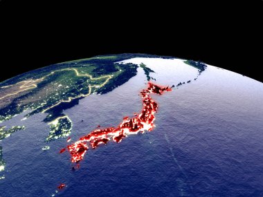 Japonya uzaydan dünya gezegeninde gece parlak şehir ışıkları ile. Gerçek dağlar ile ayrıntılı plastik gezegen yüzeyi. 3d illüstrasyon. Nasa tarafından döşenmiş bu görüntünün elemanları.