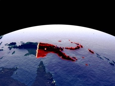 Papua Yeni Gine uzaydan dünya gezegeninde gece parlak şehir ışıkları ile. Gerçek dağlar ile ayrıntılı plastik gezegen yüzeyi. 3d illüstrasyon. Nasa tarafından döşenmiş bu görüntünün elemanları.