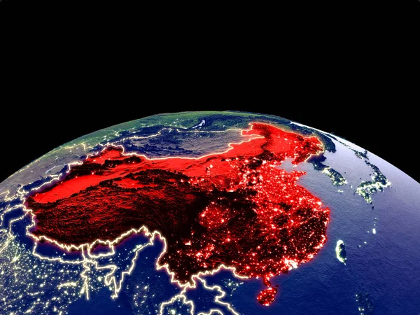 Китай Космоса Планете Земля Ночью Яркими Городскими Огнями Детальная Пластиковая — стоковое фото