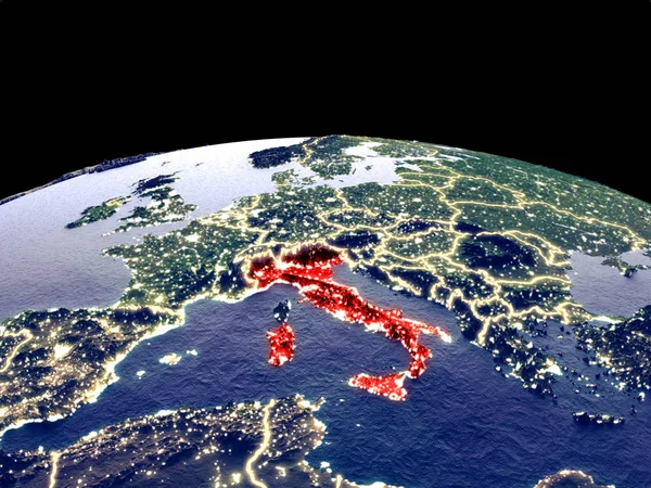 Italien Från Rymden Planeten Jorden Natten Med Ljusa Stadsljus Detaljerad — Stockfoto