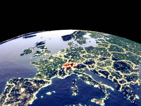 Suiza Desde Espacio Planeta Tierra Por Noche Con Luces Brillantes — Foto de Stock
