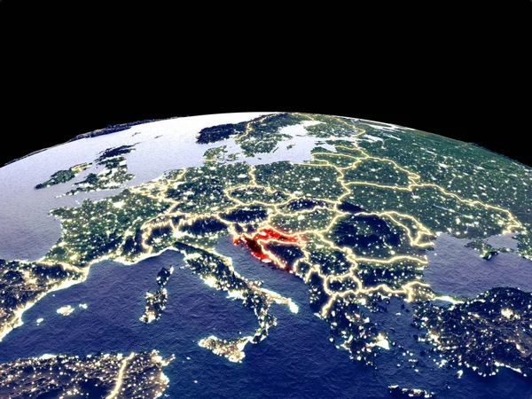 Croatia from space on planet Earth at night with bright city lights. Detailed plastic planet surface with real mountains. 3D illustration. Elements of this image furnished by NASA.