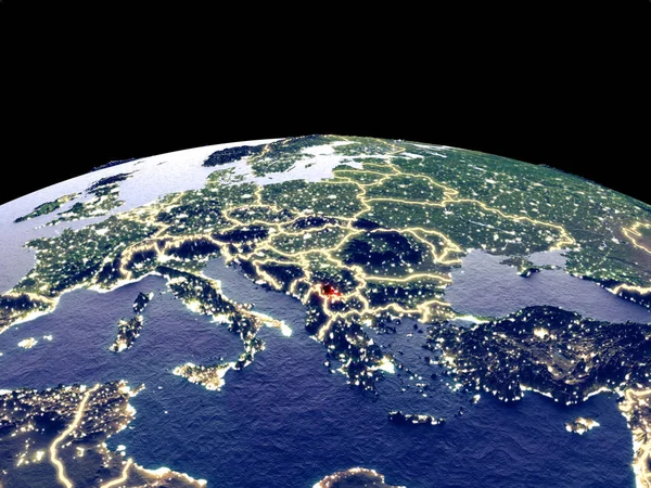 Kosovo from space on planet Earth at night with bright city lights. Detailed plastic planet surface with real mountains. 3D illustration. Elements of this image furnished by NASA.