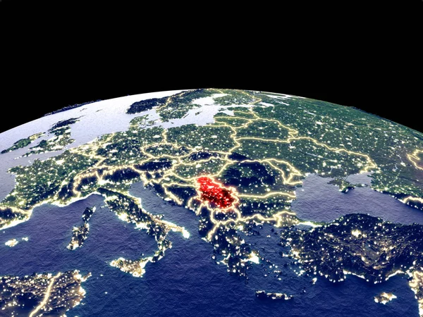 Serbien Från Rymden Planeten Jorden Natten Med Ljusa Stadsljus Detaljerad — Stockfoto