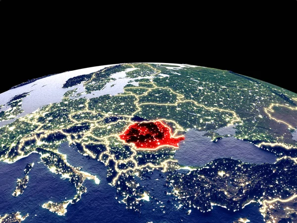 Rumänien Från Rymden Planeten Jorden Natten Med Ljusa Stadsljus Detaljerad — Stockfoto