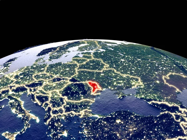 Moldova from space on planet Earth at night with bright city lights. Detailed plastic planet surface with real mountains. 3D illustration. Elements of this image furnished by NASA.