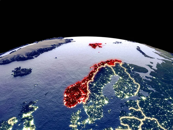 Norway from space on planet Earth at night with bright city lights. Detailed plastic planet surface with real mountains. 3D illustration. Elements of this image furnished by NASA.