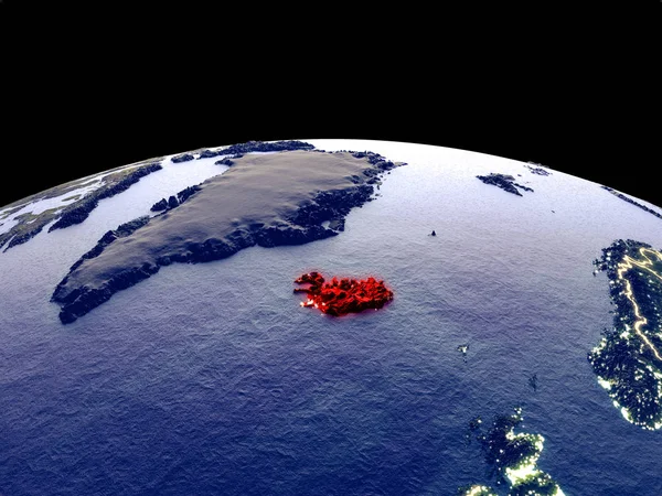 Iceland from space on planet Earth at night with bright city lights. Detailed plastic planet surface with real mountains. 3D illustration. Elements of this image furnished by NASA.